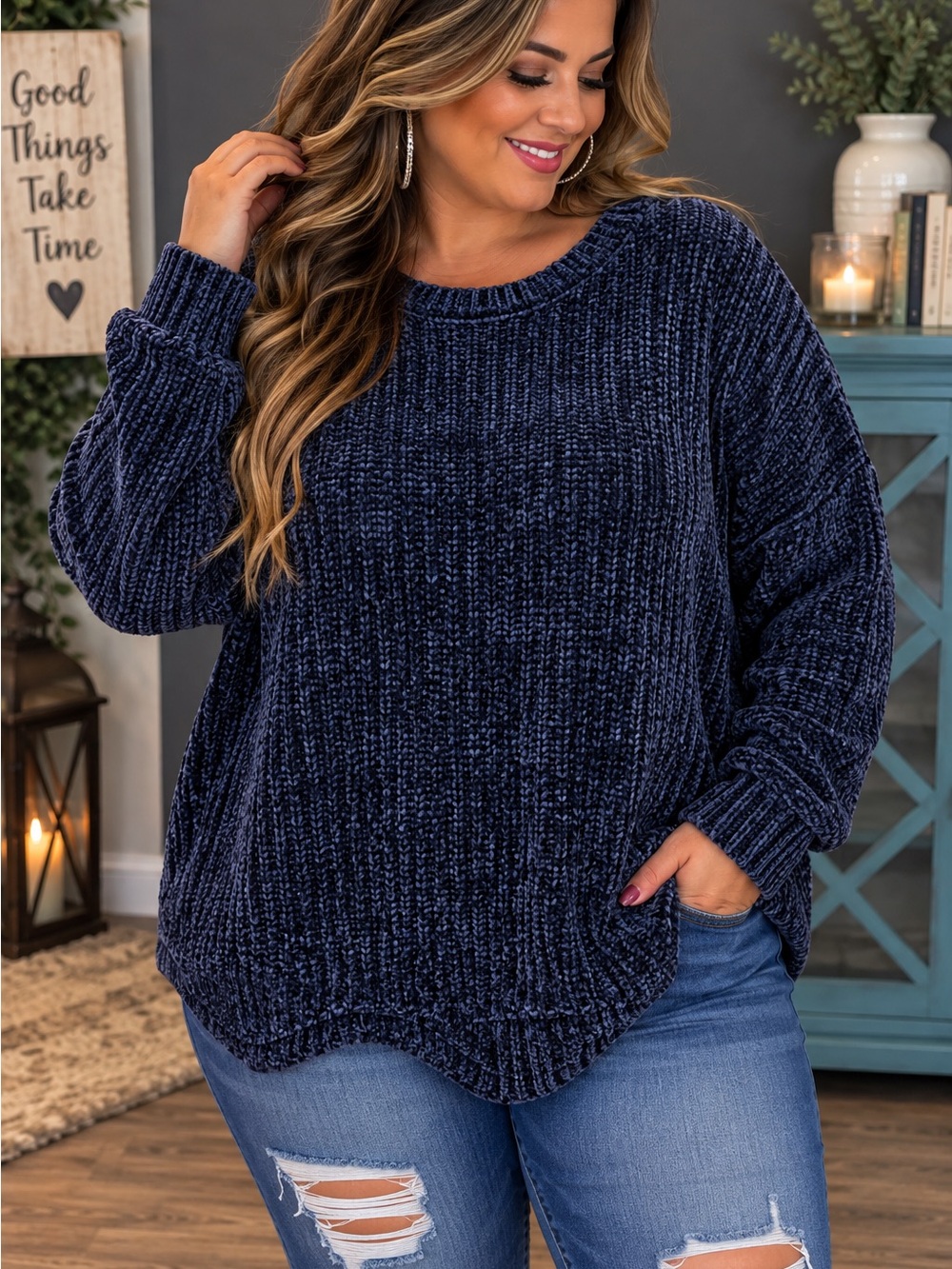 Chenille Knit Relaxed Sweater - Navy